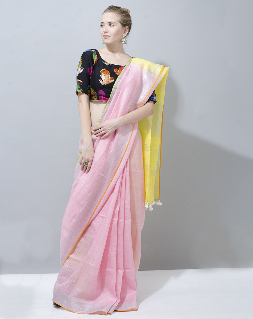 Rose and Yellow Pure Linen Saree