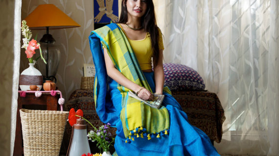 Blue and Yellow Pure Linen Saree