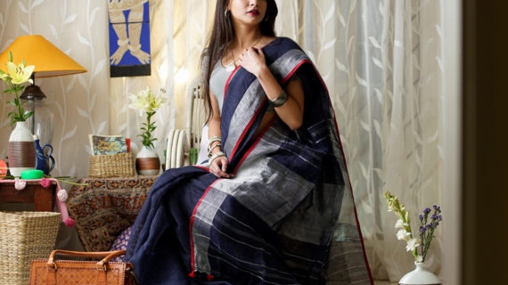 Dark Blue Pure Linen Saree With Silver Border