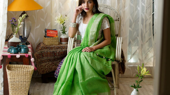 Light Green Pure Linen Saree With Silver Border