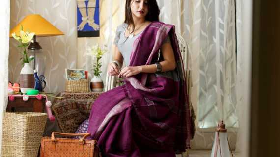 Purple Pure Linen Saree