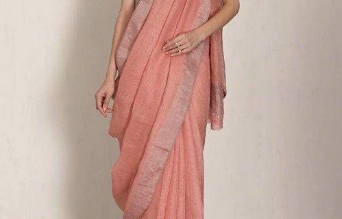 Peach Pure Linen Saree With Silver Border