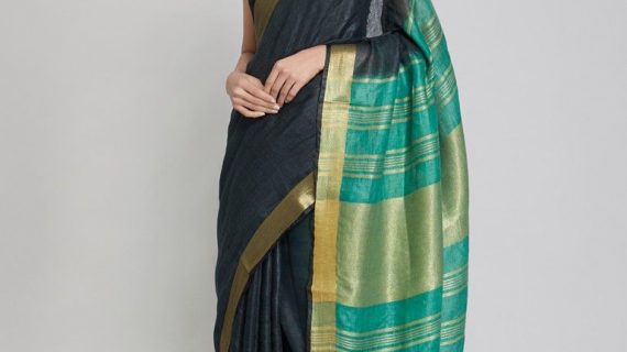 Black Pure Linen Saree With Golden Border
