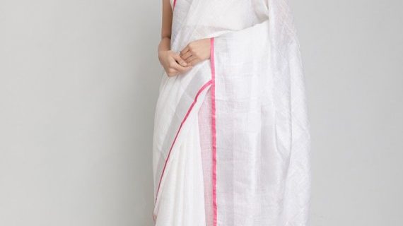 White Pure Linen Saree With Silver border
