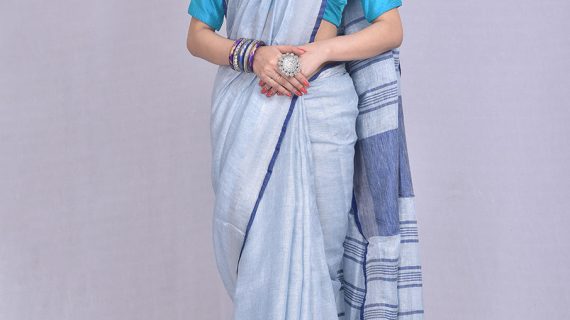 Blue Pure Linen Saree