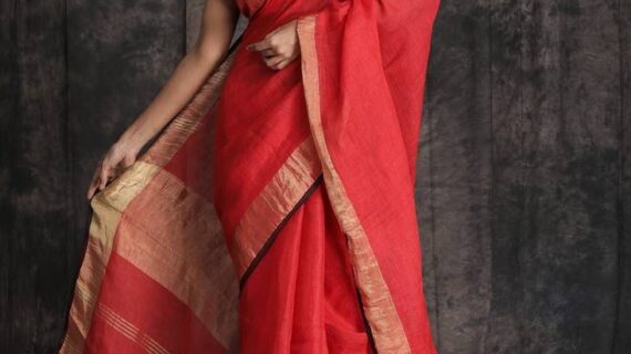 Red Pure Linen Saree With Golden Border