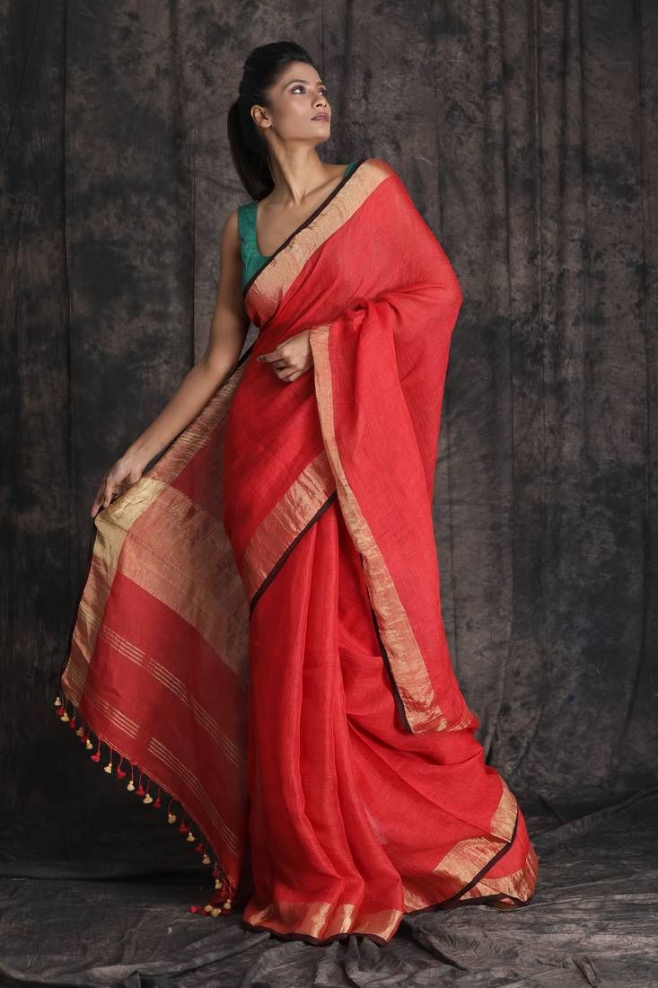 Red Pure Linen Saree With Golden Border